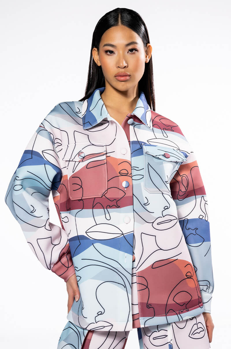 Front View Oversized Printed Button Down