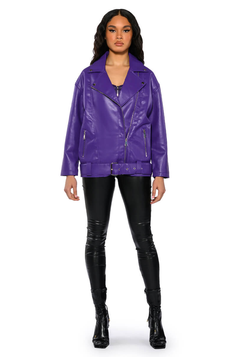 Detail View Oversized Saturated Purple Moto Jacket