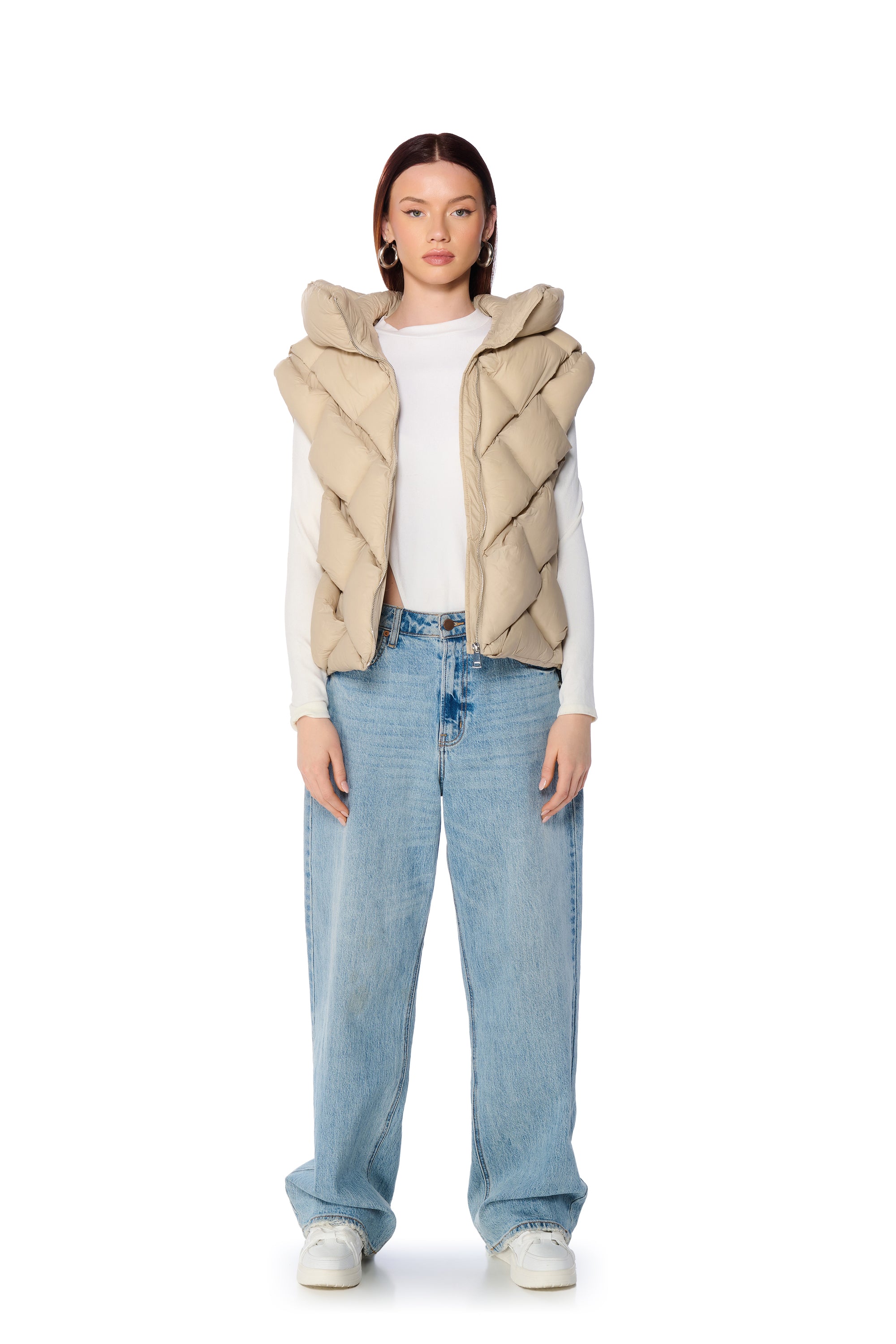 Extra View Paddington Weave Puffer Vest In Tan 9