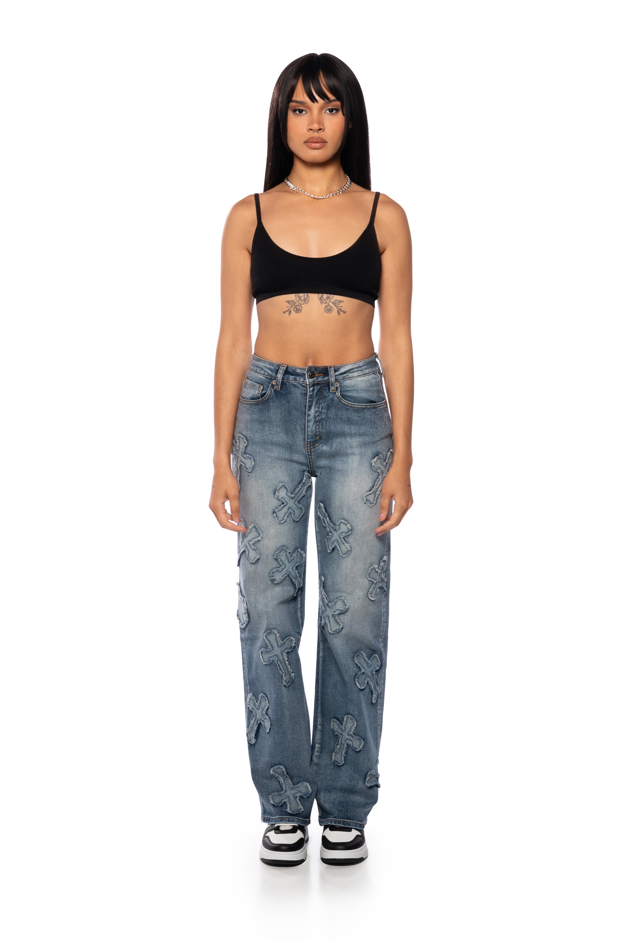 Extra View Pamela Cross Patchwork Relaxed Fit Jeans