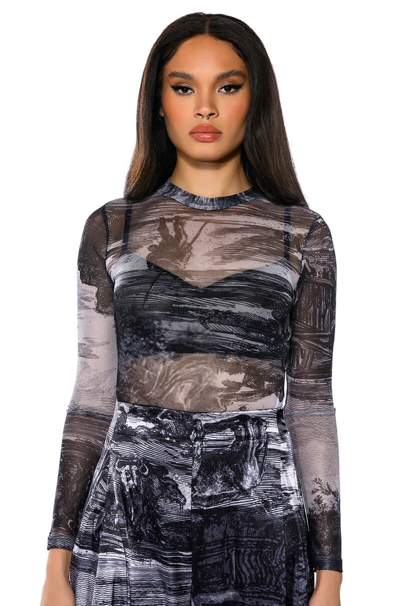 Front View Paradise Long Sleeve Abstract Body Suit