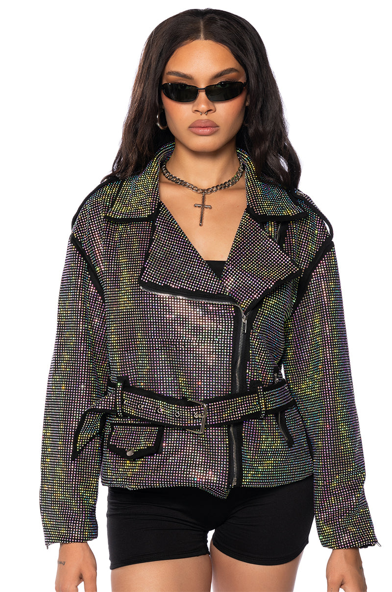 Side View Paris Embellished Crystal Wrap Moto Jacket