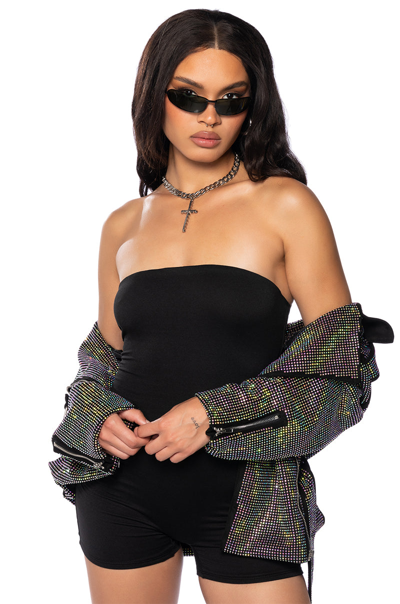 Back View Paris Embellished Crystal Wrap Moto Jacket