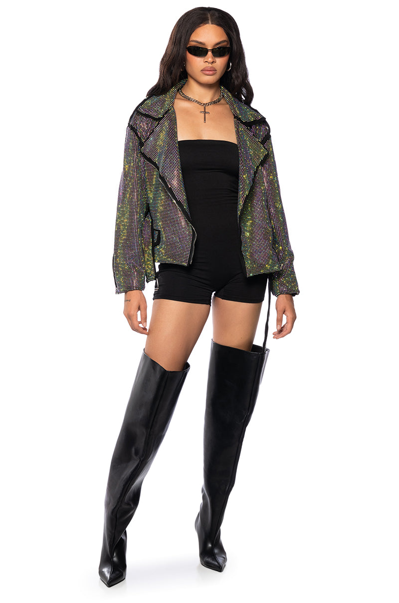 Detail View Paris Embellished Crystal Wrap Moto Jacket