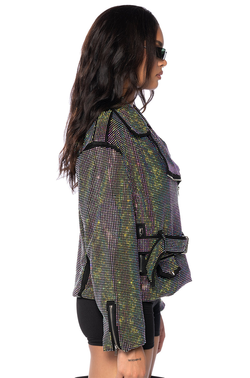 Full View Paris Embellished Crystal Wrap Moto Jacket