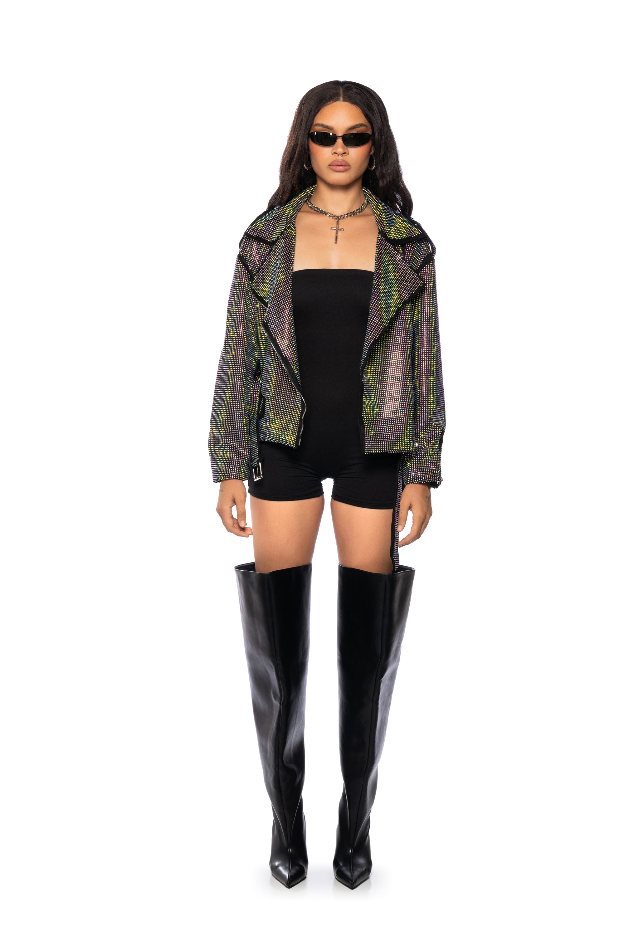 Extra View Paris Embellished Crystal Wrap Moto Jacket