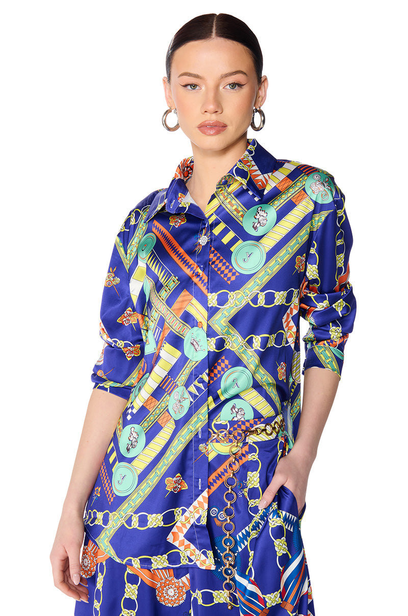 Front View Parisian Satin Printed Button Down Blouse
