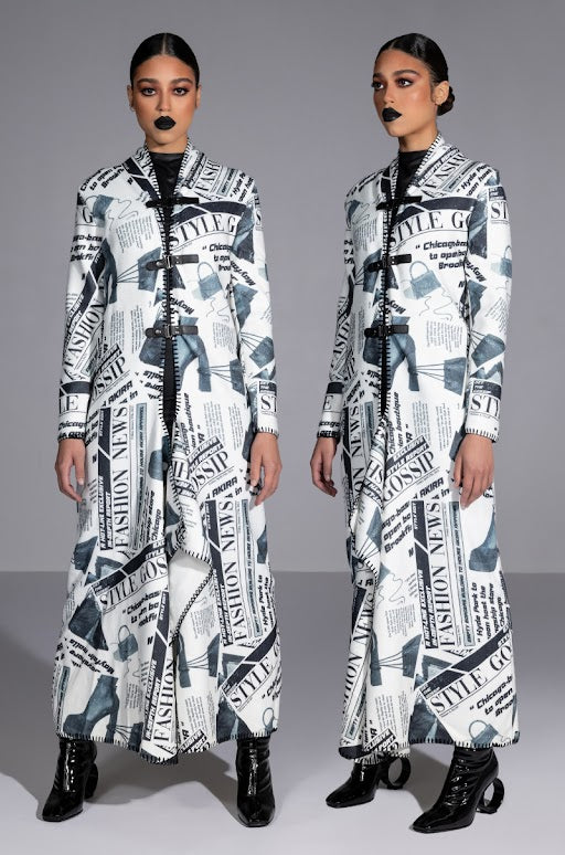 Front View Party Like Its 2002 Newspaper Print Long Cardigan 1