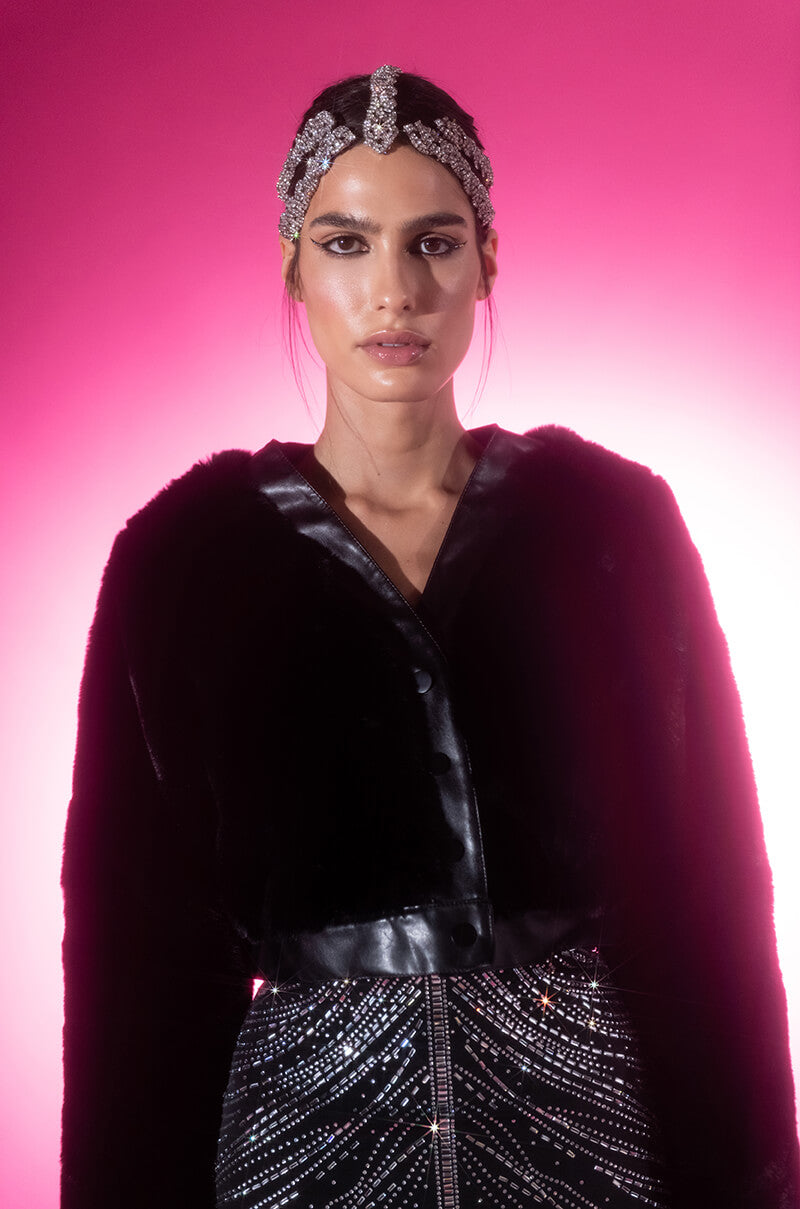 Front View Party On Faux Fur Jacket With Pu Trim
