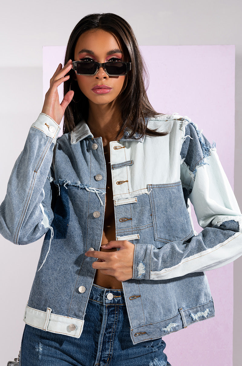 Front View Patch Work Boyfriend Denim Jacket 0