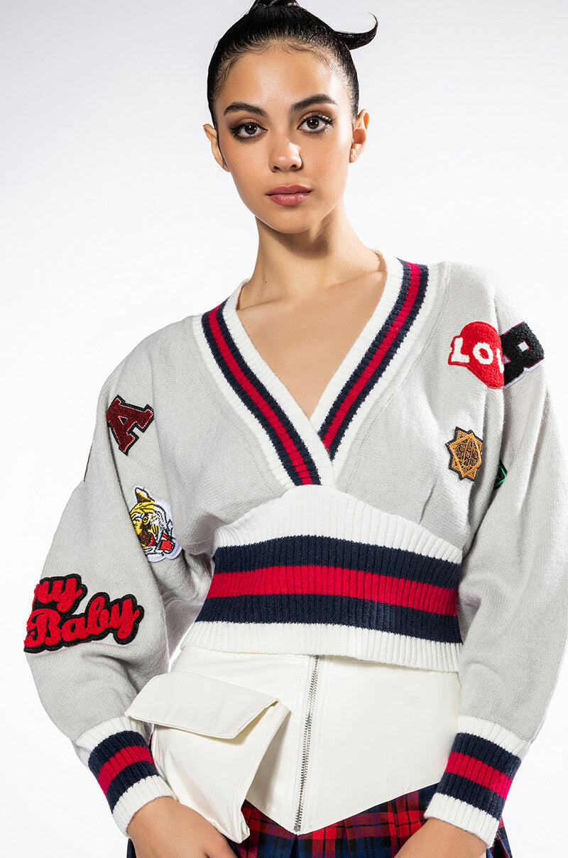 Front View Patches On Patches Sweater