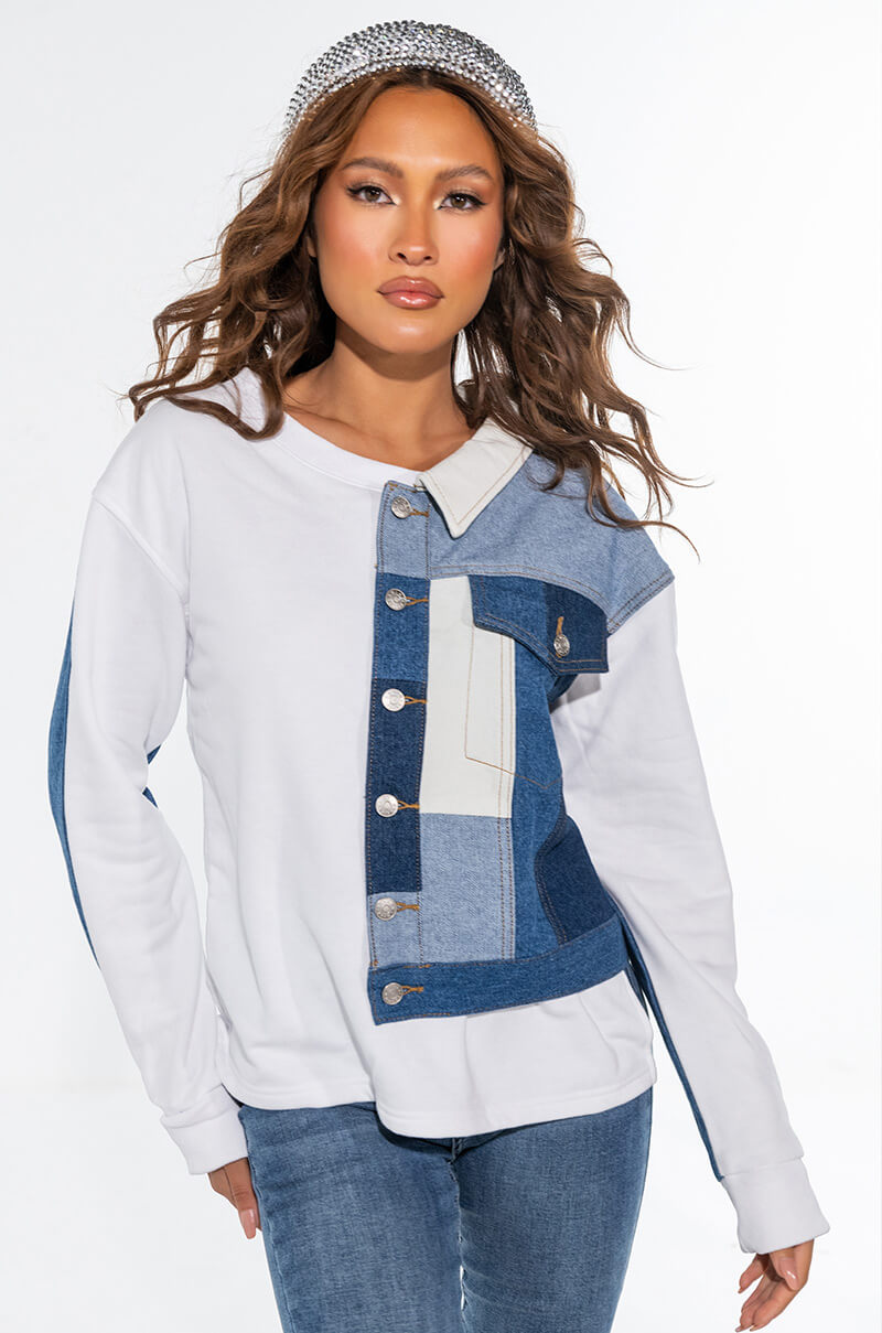 Front View Patchwork Denim Sweatshirt 0