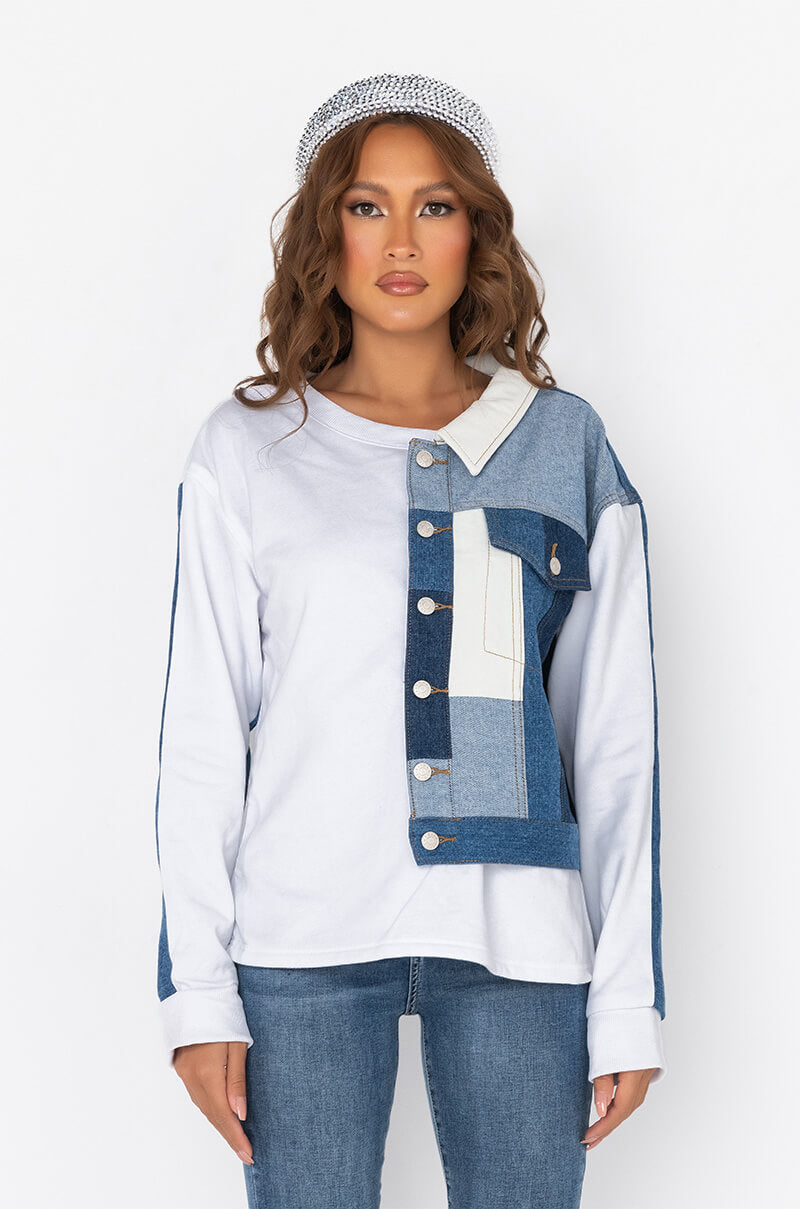 Side View Patchwork Denim Sweatshirt 1