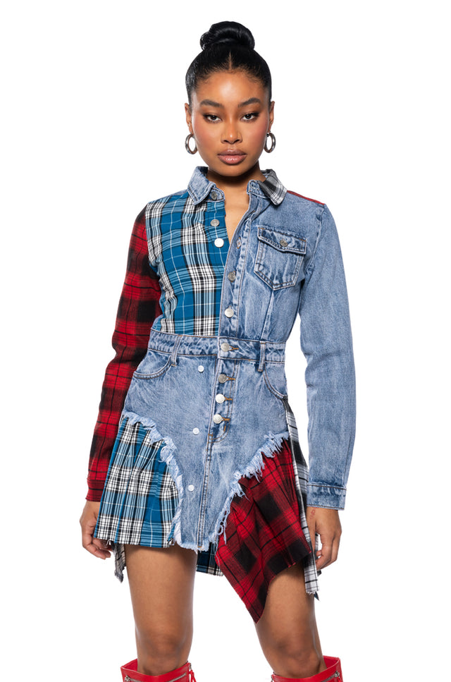 PATCHWORK PLAID DENIM MINI DRESS – AKIRA