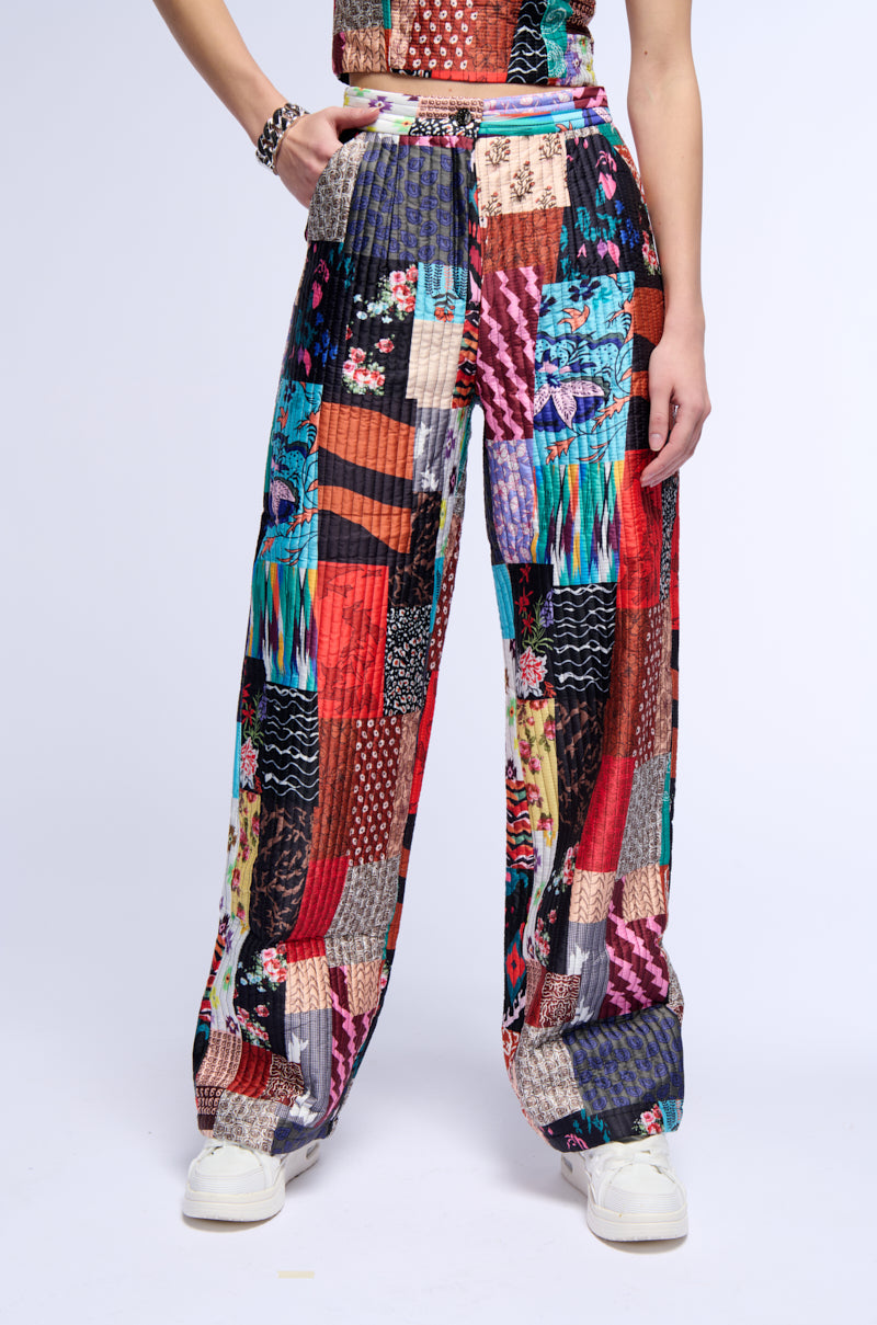 Front View Patchwork Quilted Wide Leg Pant