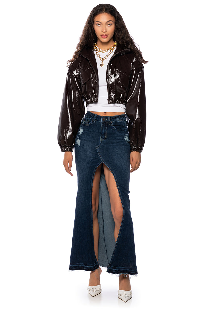 Back View Patent Brown Crop Bomber Jacket