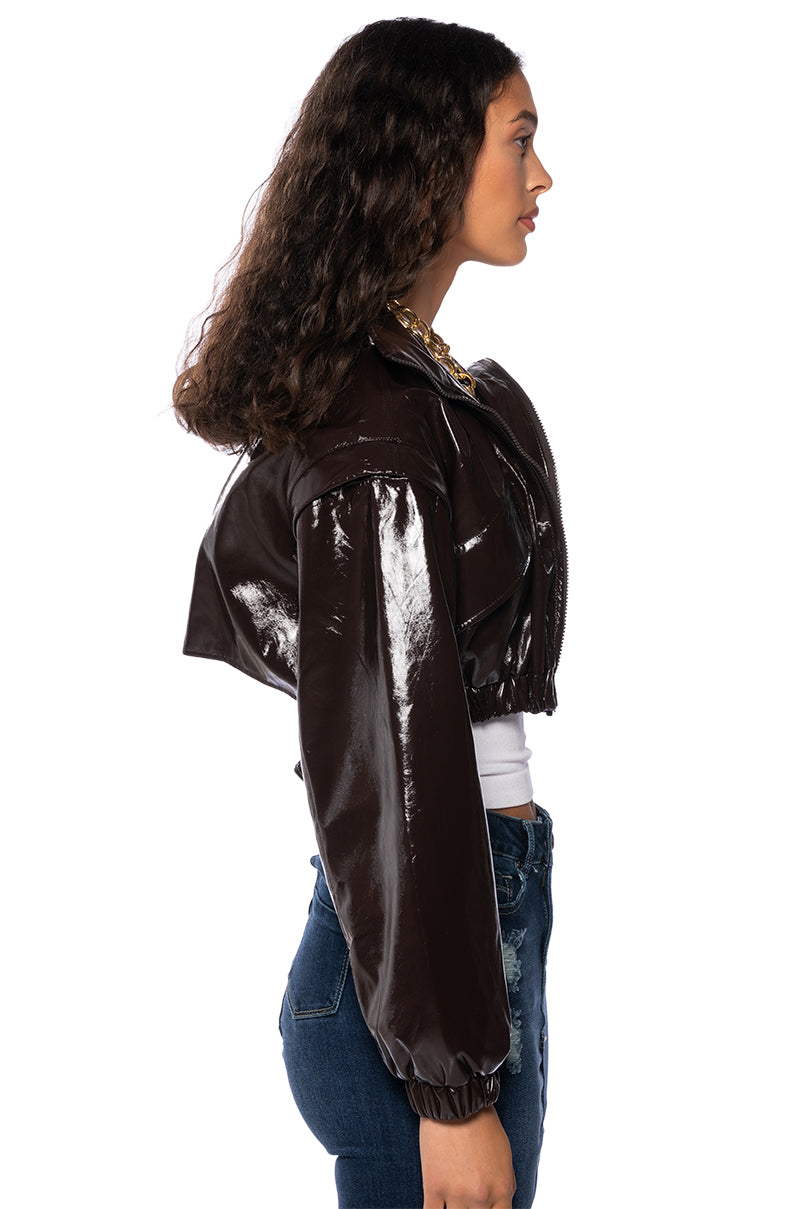 Detail View Patent Brown Crop Bomber Jacket