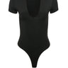 Front View Paxton Brooke Deep V Short Sleeve Bodysuit In Black