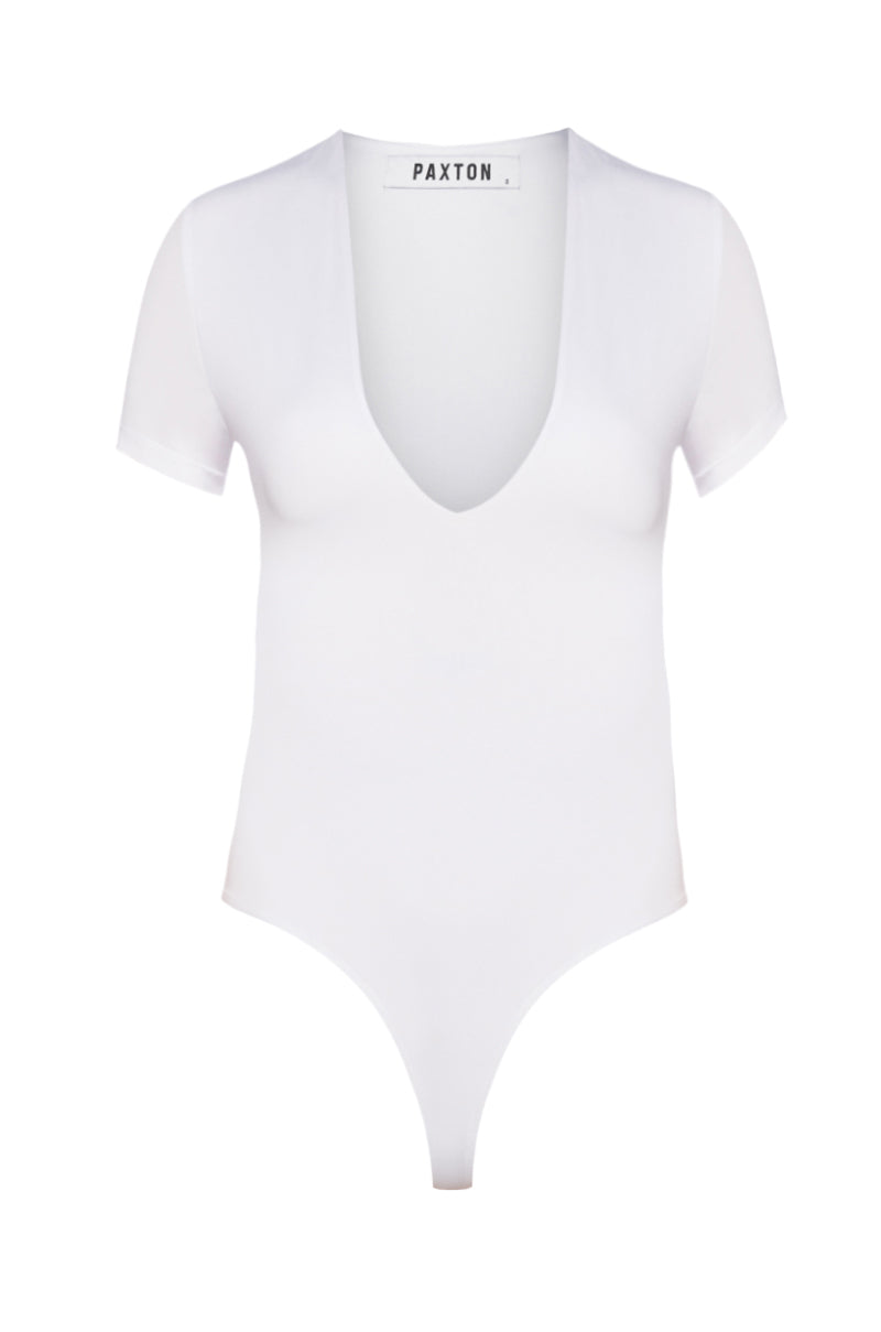 Front View Paxton Brooke Deep V Short Sleeve Bodysuit In White