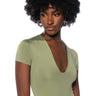 Front View Paxton Deep V Short Sleeve Bodysuit In Olive