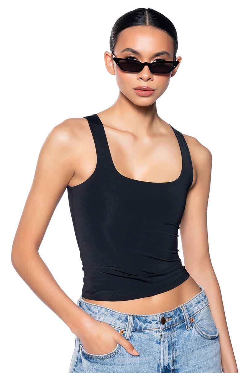 Front View Paxton Demi Square Neck Tank In Black