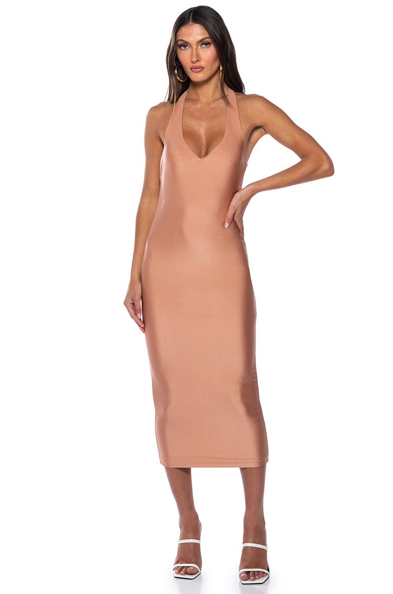 Front View Paxton Disco Halter Neck Midi Dress In Beige