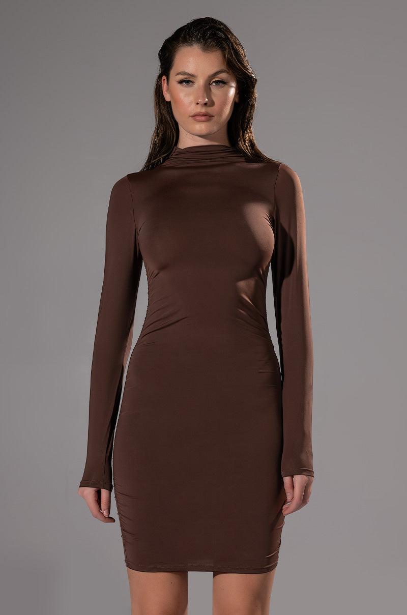 Front View Paxton Elevate Ruched Long Sleeve Mini Dress