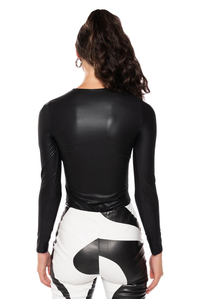 Detail View Paxton Faux Leather Long Sleeve Bodysuit With 4 Way Stretch