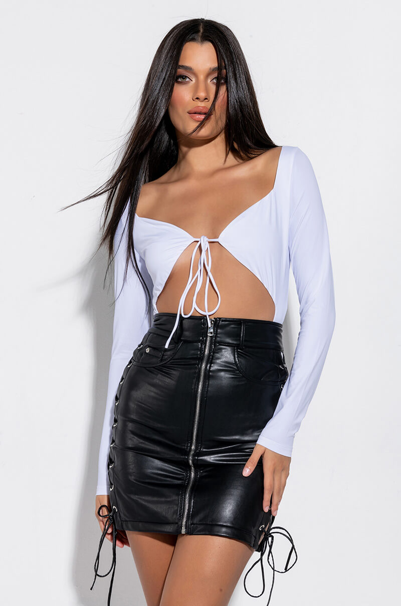 Side View Paxton Happier Than Ever Slinky Cut Out Tie Front Bodysuit 1