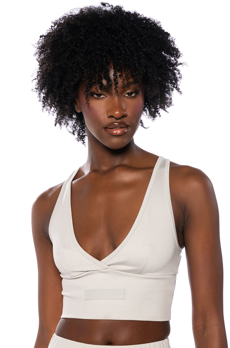 Front View Paxton Its The Fit Luxe Bralette In Light Grey