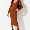 Front View Paxton Looking Good Feeling Fine Ribbed Knit Midi Dress in Rust