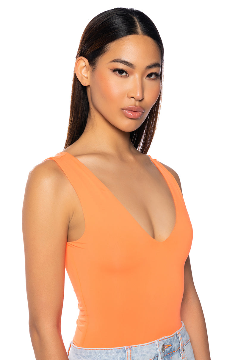 Front View Paxton Lucia Sleek Af Deep V Bodysuit In Orange