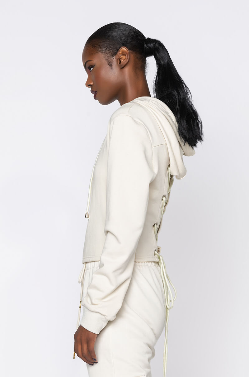 Side View Paxton Lux Basix Zip Up Hoodie in Ivory 2