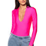 Front View Paxton New Classic Long Sleeve Deep V Bodysuit In Pink