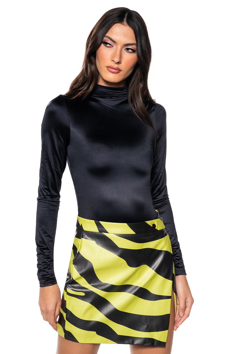 Front View Paxton New Shine Reversible Zip Up Bodysuit In Black