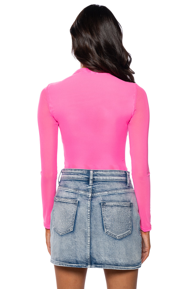 Full View Paxton Sexy Double Layer Mesh Long Sleeve Bodysuit In Pink