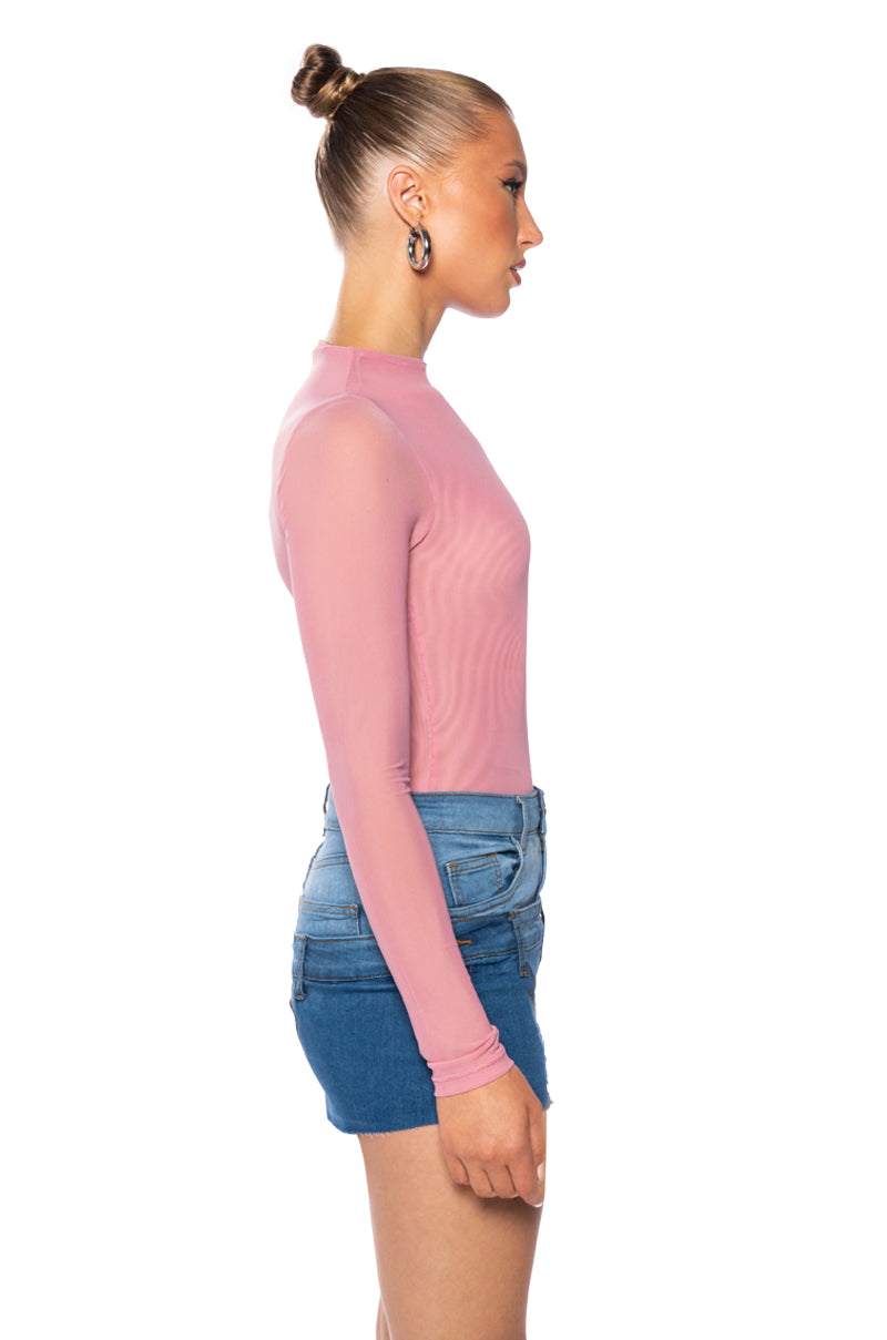 Back View Paxton Sexy Double Mesh Long Sleeve Bodysuit In Light Pink