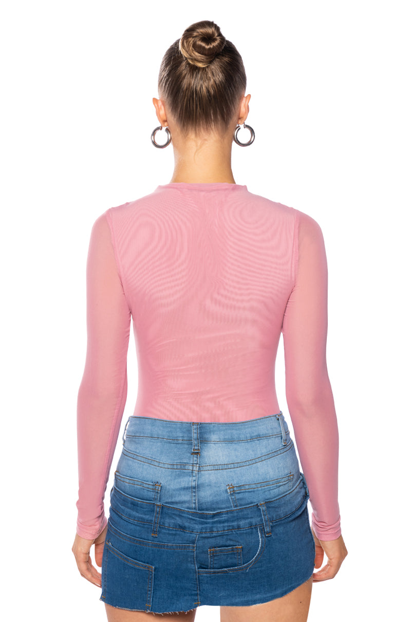 Detail View Paxton Sexy Double Mesh Long Sleeve Bodysuit In Light Pink