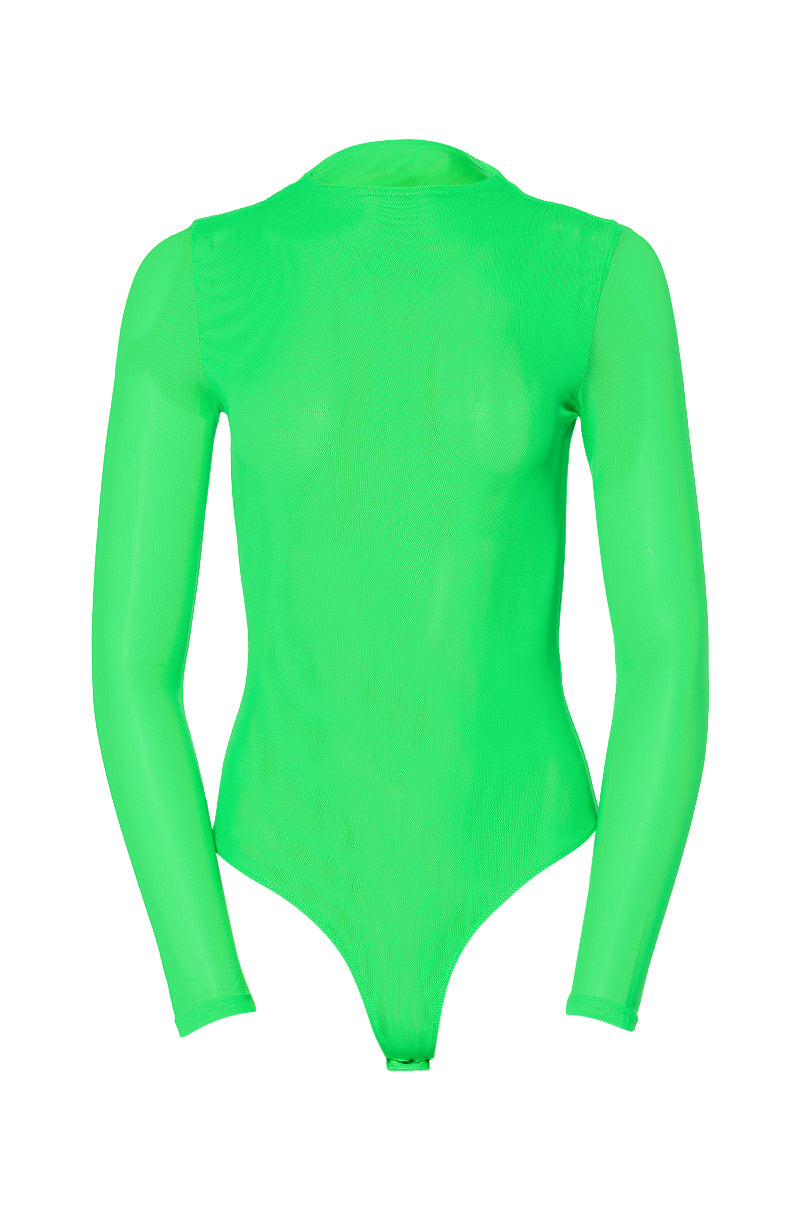 Front View Paxton Sexy Double Mesh Long Sleeve Bodysuit In Lime
