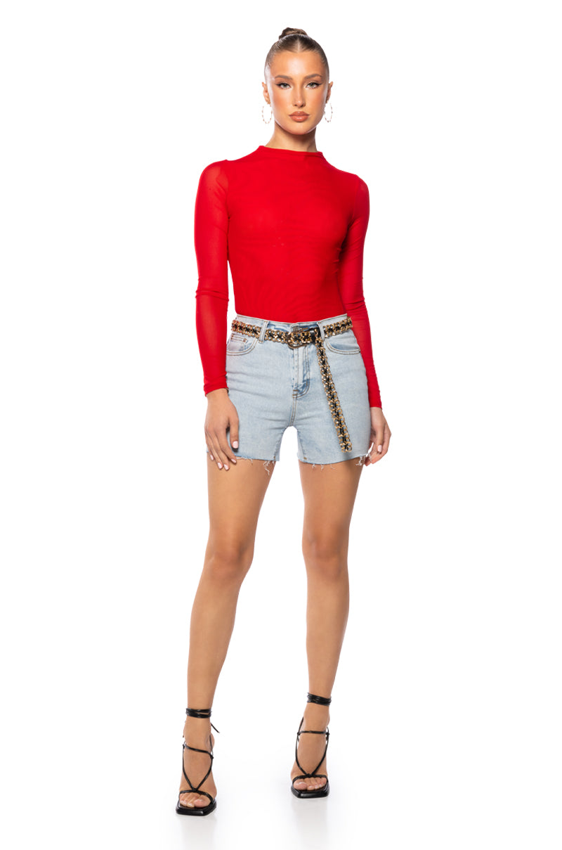 Side View Paxton Sexy Double Mesh Long Sleeve Bodysuit In Red