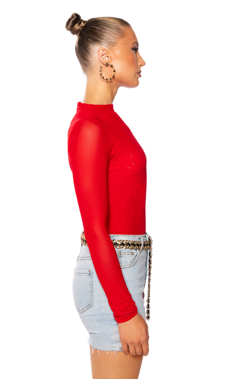Back View Paxton Sexy Double Mesh Long Sleeve Bodysuit In Red