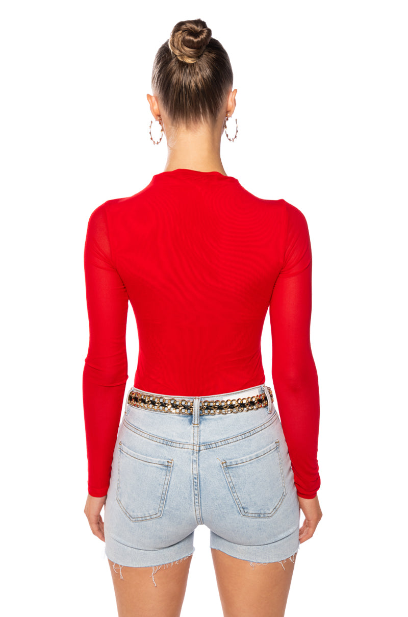 Detail View Paxton Sexy Double Mesh Long Sleeve Bodysuit In Red