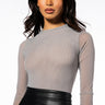 Front View Paxton Sexy Mesh Long Sleeve Funnel Neck Bodysuit In Grey