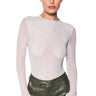 Front View Paxton Sexy Mesh Long Sleeve Funnel Neck Bodysuit In Light Grey