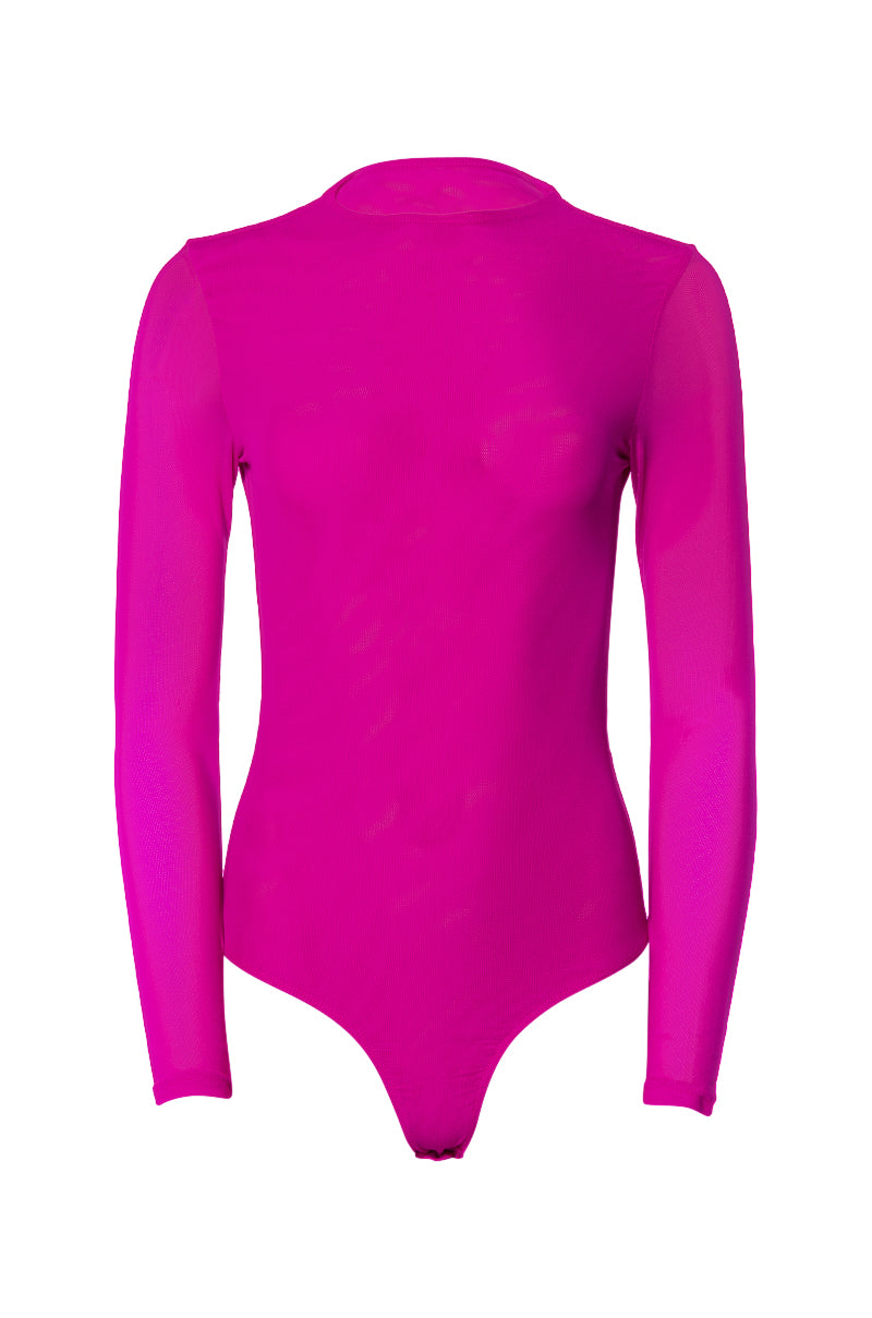 Front View Paxton Sexy Mesh Long Sleeve Funnel Neck Bodysuit In Light Purple