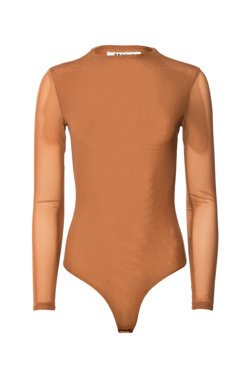 Front View Paxton Sexy Mesh Long Sleeve Funnel Neck Bodysuit In Rust