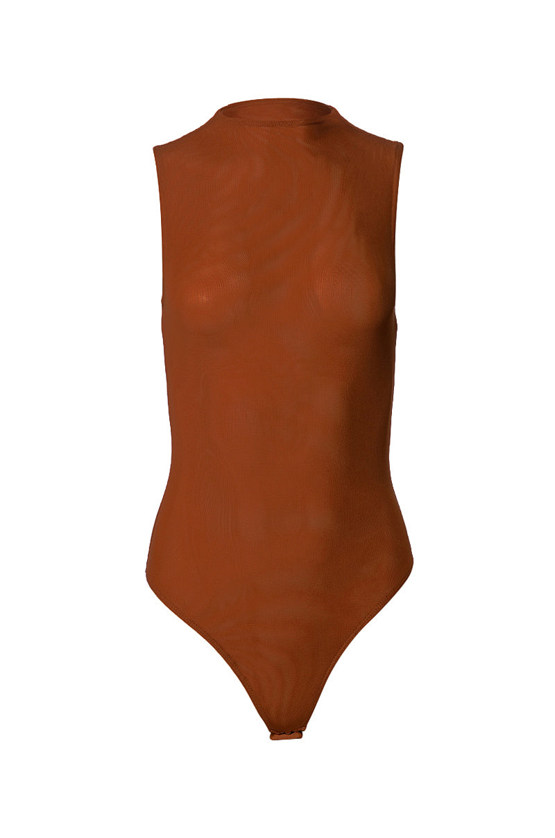 Front View Paxton Sleeveless Mesh Bodysuit In Light Brown