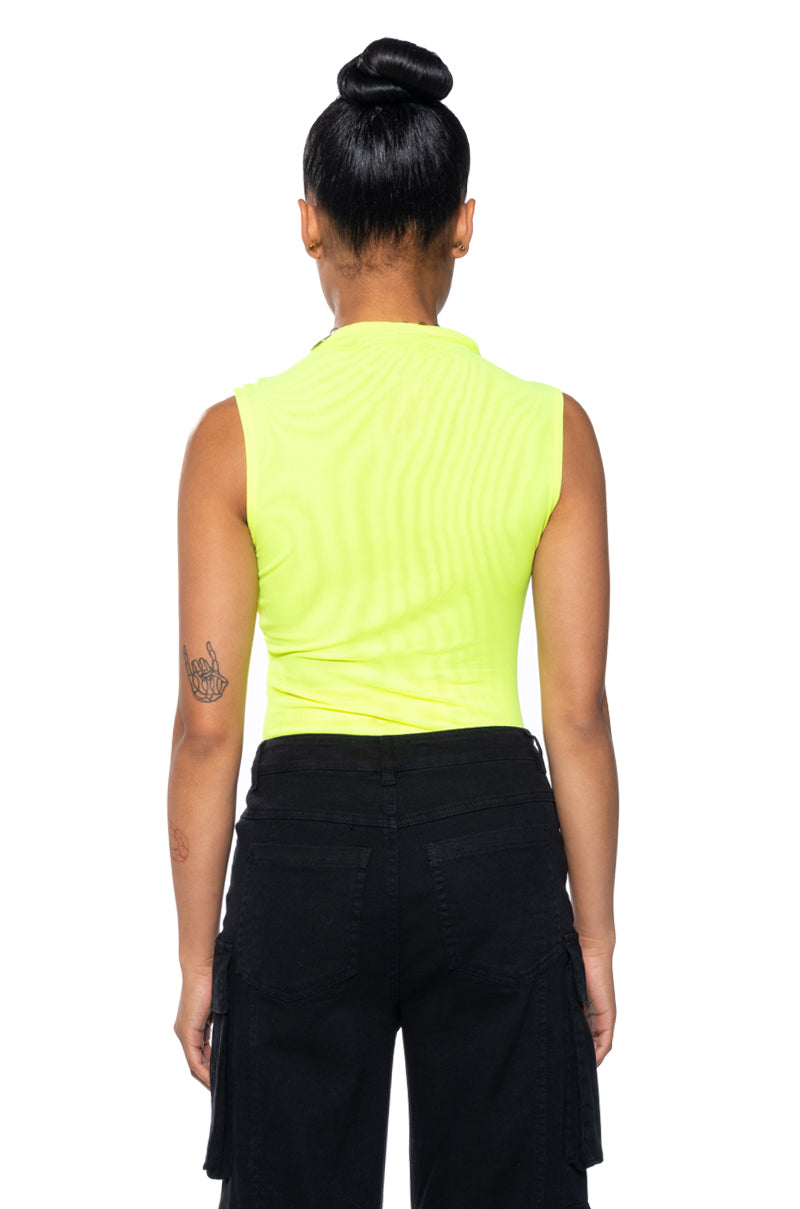 Detail View Paxton Sleeveless Mesh Bodysuit In Lime