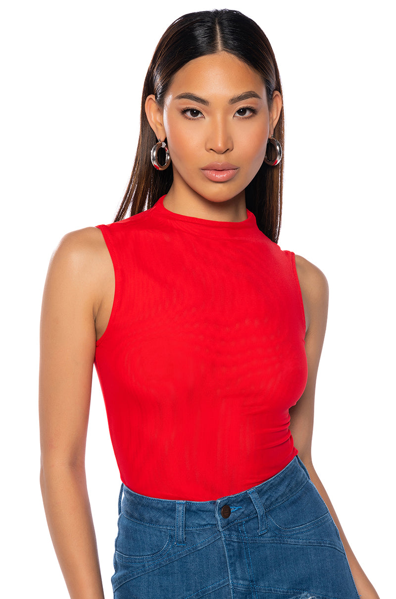 Front View Paxton Sleeveless Mesh Bodysuit In Red