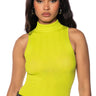 Front View Paxton Sleeveless Sexy Turtleneck Rib Bodysuit In Lime